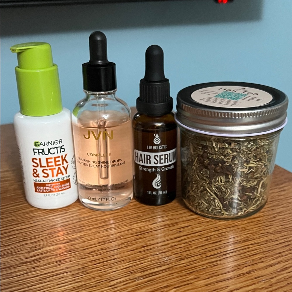 Haircare:Liv Holistic Hair Tea,hair serum,JVN nourishing shine drops,Garnier